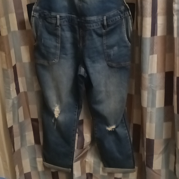 FINAL PRICE INDIGO BLUE cotton blue denim distressed overalls w elastic sides - Picture 6 of 16